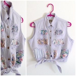 Cute 90s Tie Front Flowers Patchwork Shirt S/M